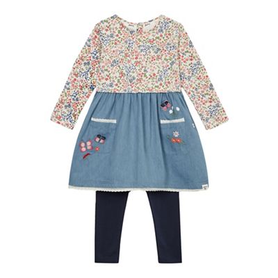 Girls' floral print chambray dress and navy leggings set